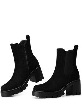 Women's Chelsea Ankle Boots 2.91 Inches Chunky Heels Platform Boot Black Suede